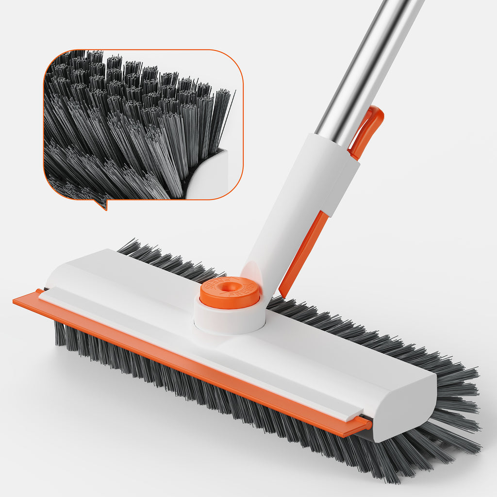Scrub Brush with Long Handle, Heavy-Duty Stiff Bristle Floor Scrubber with Squeegee for Tile, Grout, Bathroom, Shower & Kitchen Cleaning