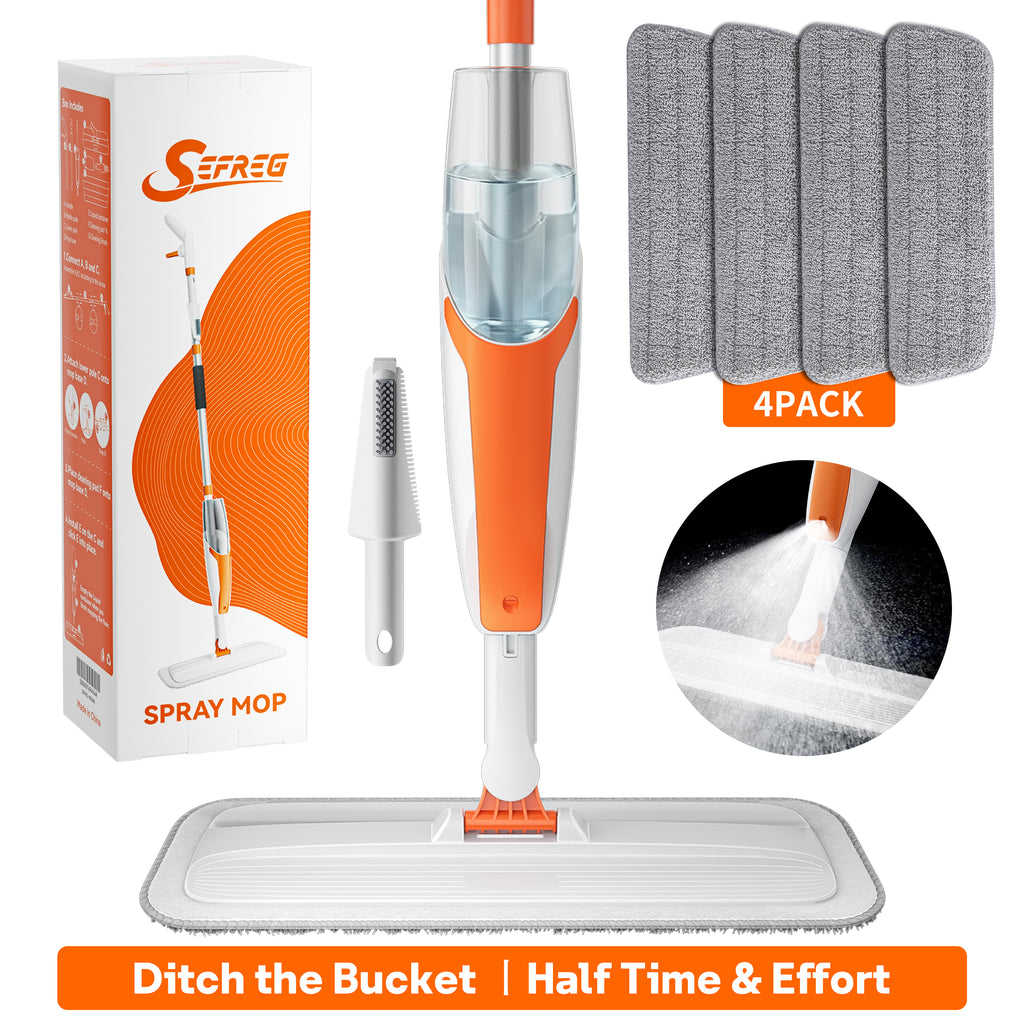 Spray Mop for Multi-Surface Heavy-Duty Cleaning with 4 Washable Microfiber Pads,Refillable Bottle,Functional Scraper,360°Rotating Head,One-Handed Operation,Wet/Dry Use
