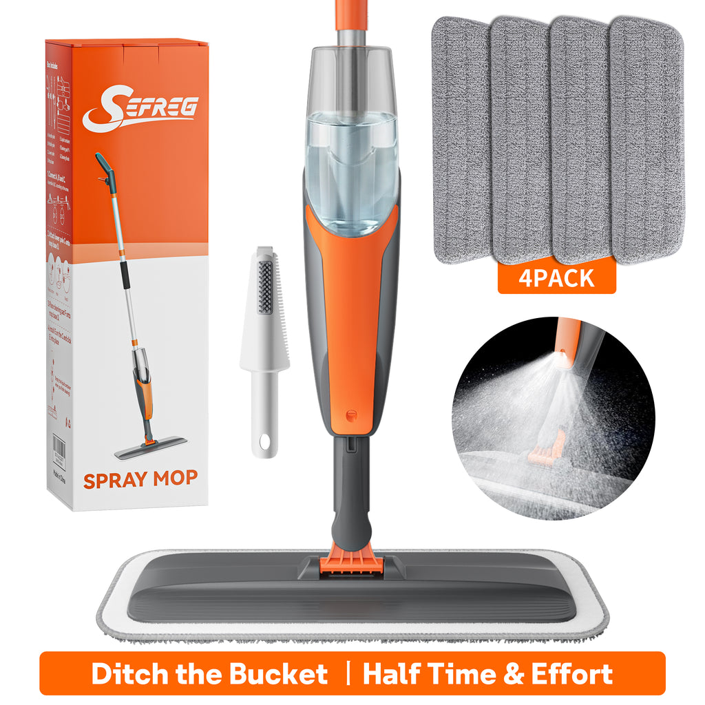 SEFREG Spray Mop for Floor Cleaning with 4pcs Washable Pads, Wet Dry Microfiber Mop, Multifunctional Washing Scraper and 420ml Refillable Water Tank for Most Hard Floors, Aluminum Pole