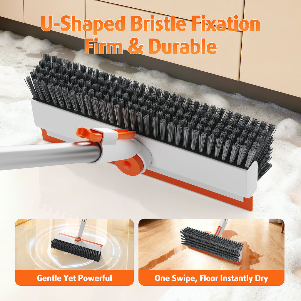 Scrub Brush with Long Handle, Heavy-Duty Stiff Bristle Floor Scrubber with Squeegee for Tile, Grout, Bathroom, Shower & Kitchen Cleaning