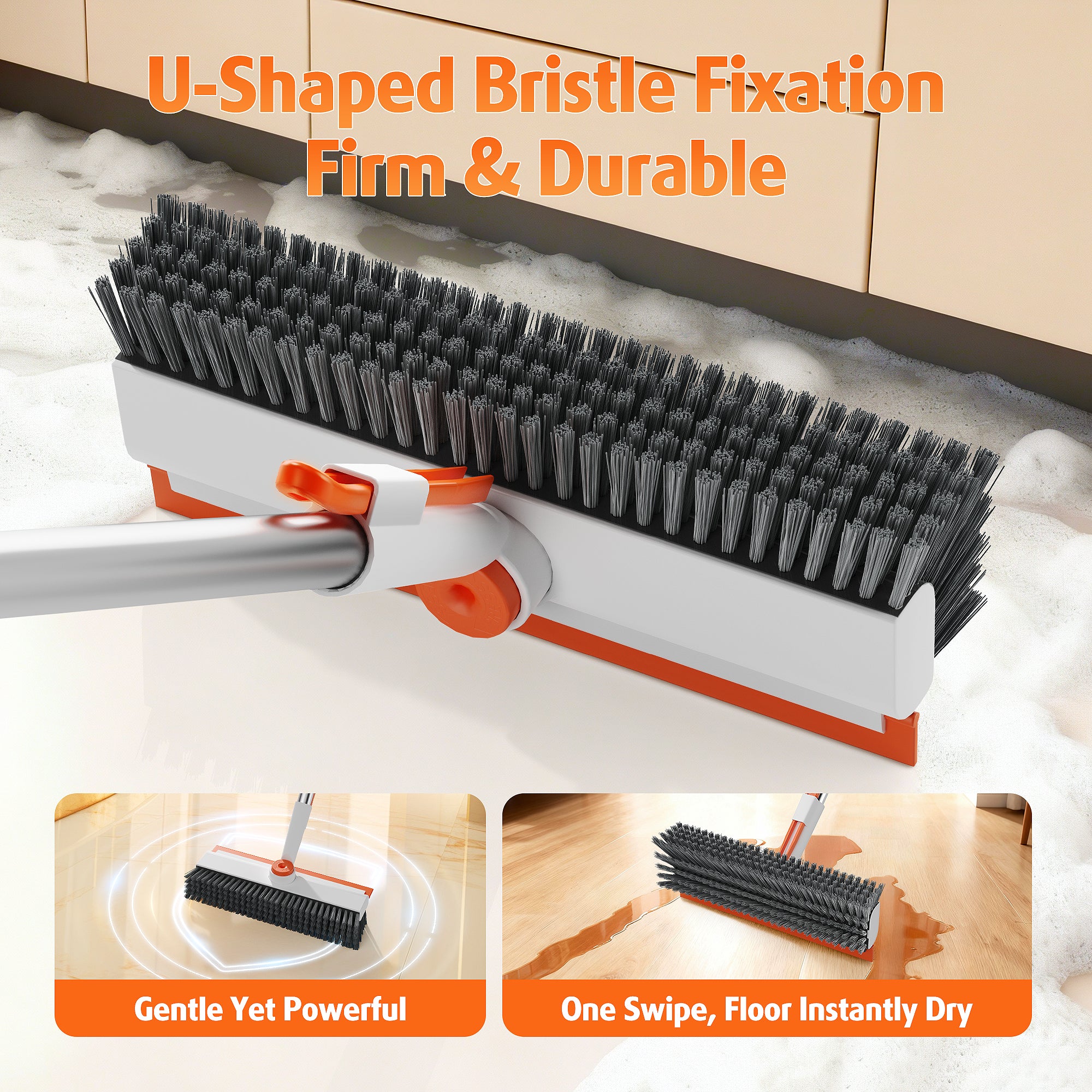 Scrub Brush with Long Handle, Heavy-Duty Stiff Bristle Floor Scrubber with Squeegee for Tile, Grout, Bathroom, Shower & Kitchen Cleaning