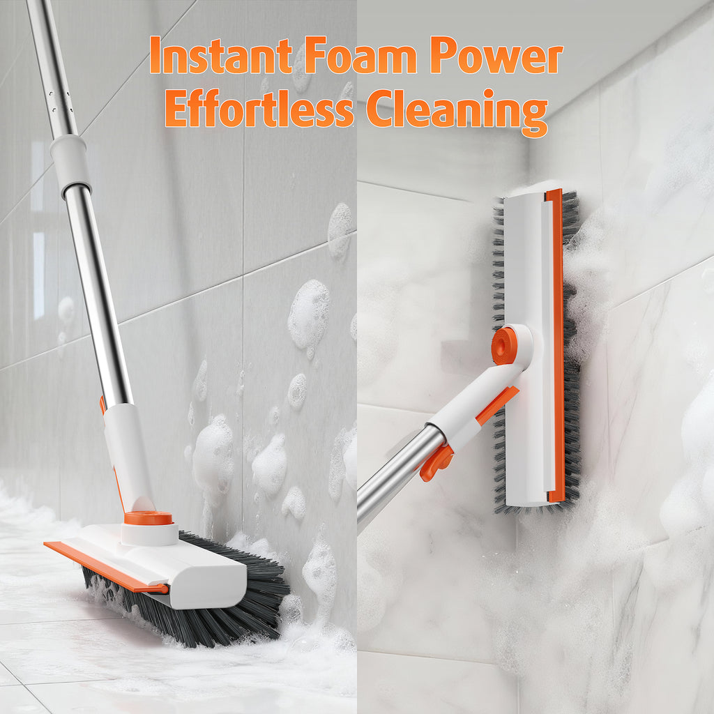Scrub Brush with Long Handle, Heavy-Duty Stiff Bristle Floor Scrubber with Squeegee for Tile, Grout, Bathroom, Shower & Kitchen Cleaning