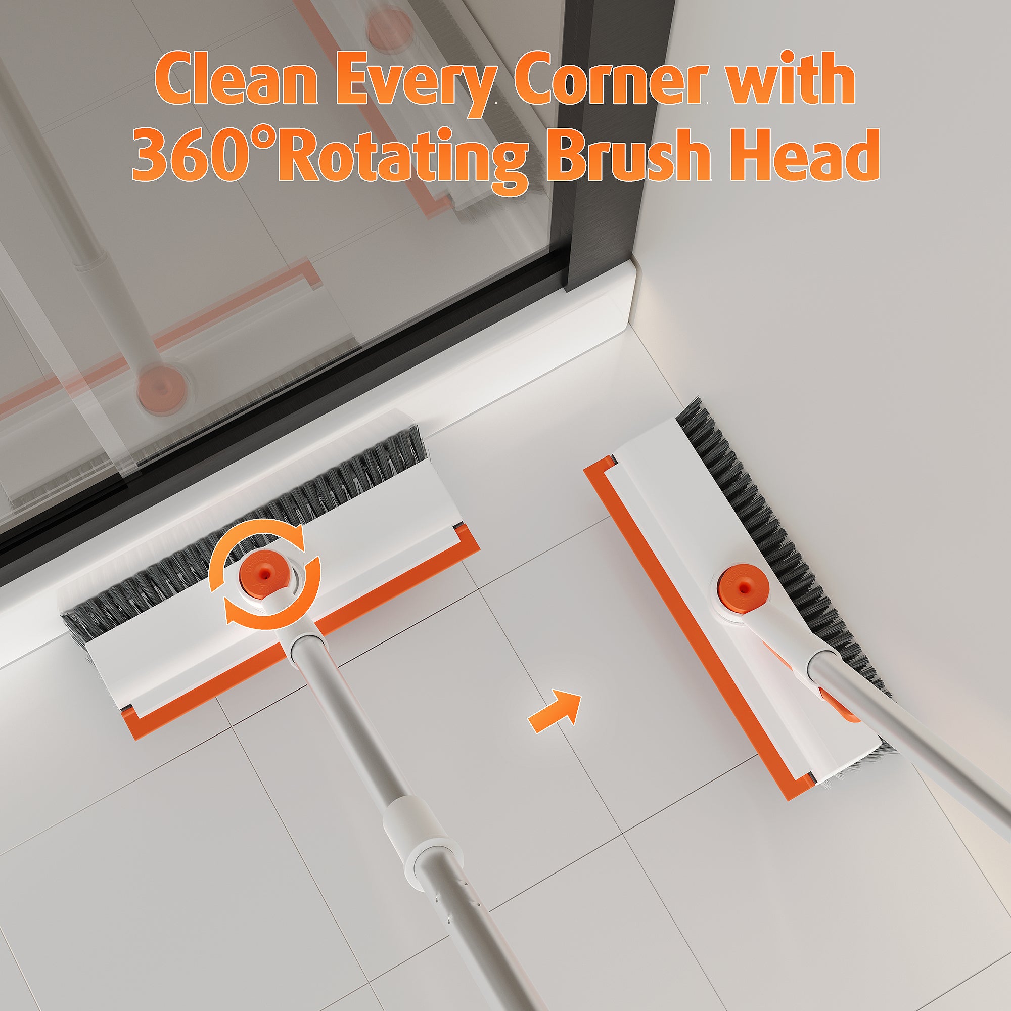 Scrub Brush with Long Handle, Heavy-Duty Stiff Bristle Floor Scrubber with Squeegee for Tile, Grout, Bathroom, Shower & Kitchen Cleaning