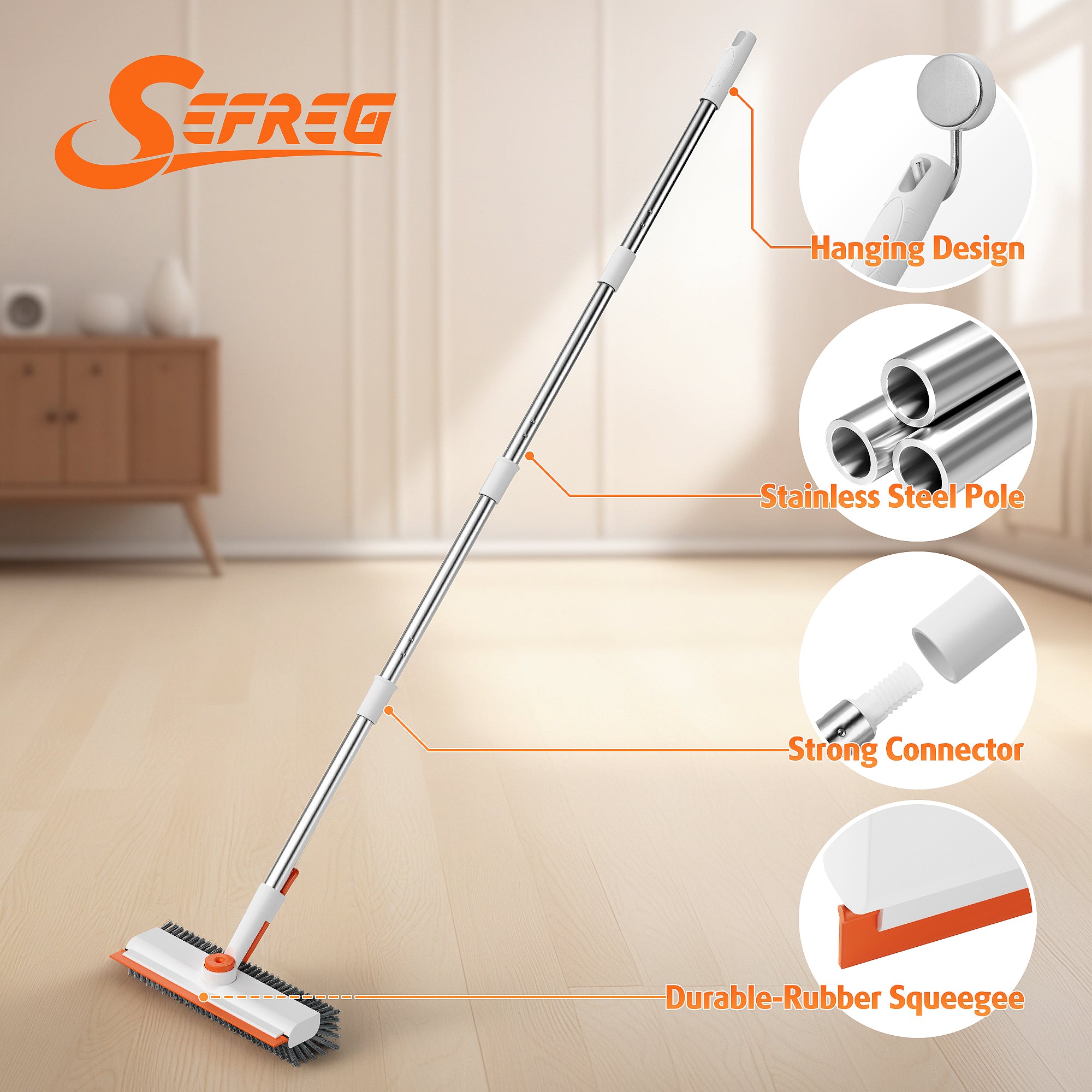 Scrub Brush with Long Handle, Heavy-Duty Stiff Bristle Floor Scrubber with Squeegee for Tile, Grout, Bathroom, Shower & Kitchen Cleaning