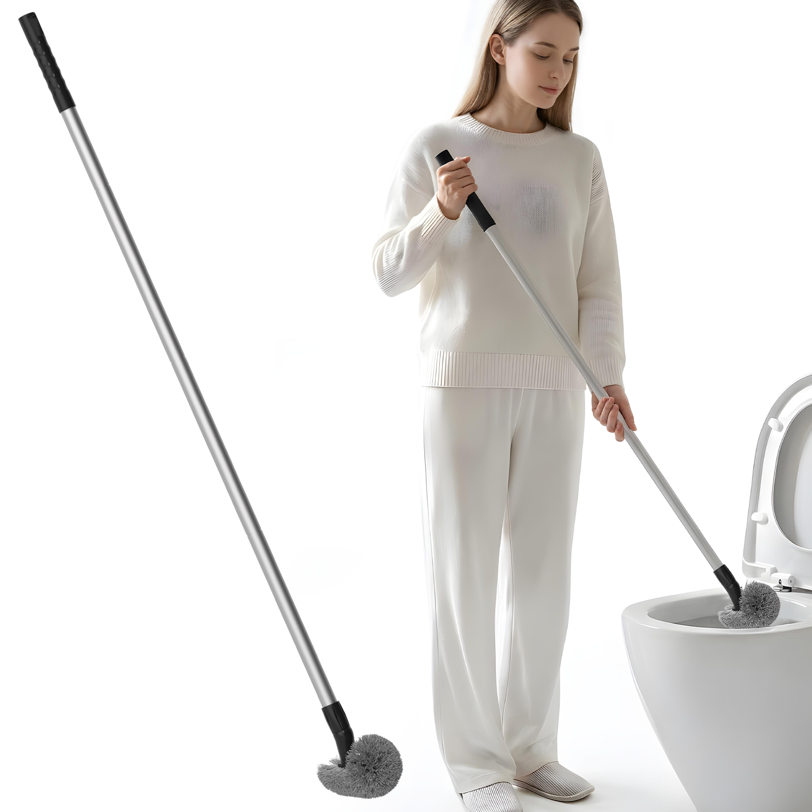 SEFREG Toilet Brush with Curved Head, Long Detachable Handle, PP Bristles, 360° Deep Cleaning Toilet Brush for Bathroom-Gray