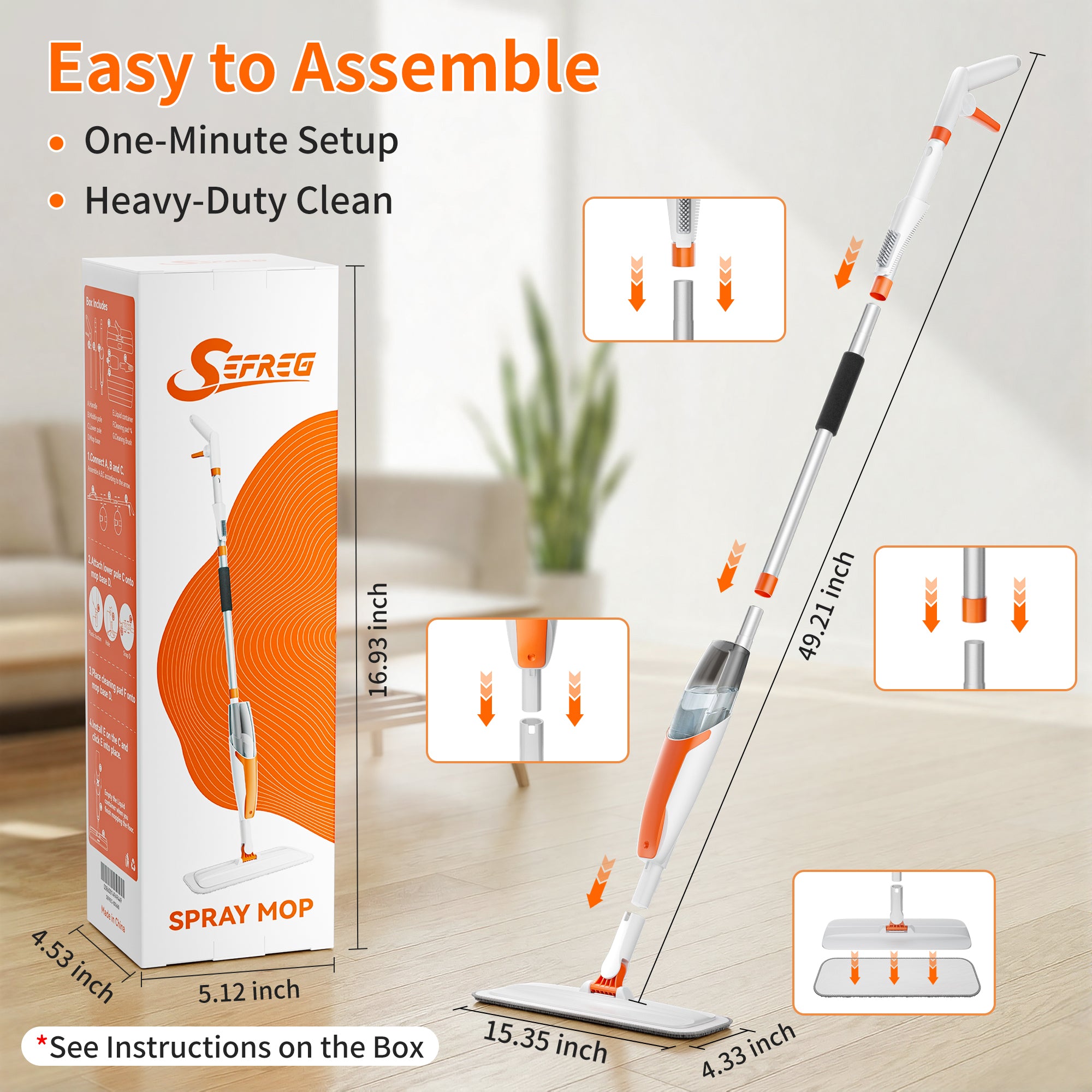 Spray Mop for Multi-Surface Heavy-Duty Cleaning with 4 Washable Microfiber Pads,Refillable Bottle,Functional Scraper,360°Rotating Head,One-Handed Operation,Wet/Dry Use