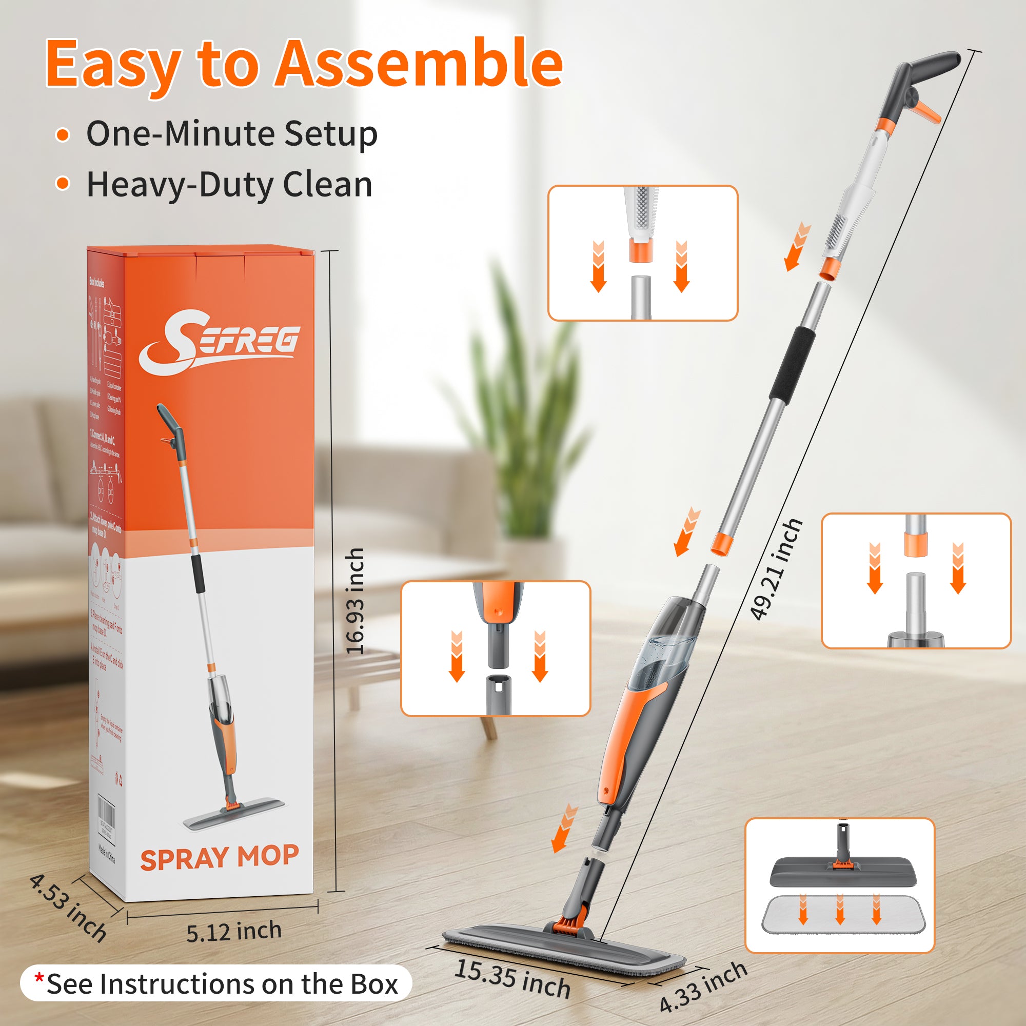 SEFREG Spray Mop for Floor Cleaning with 4pcs Washable Pads, Wet Dry Microfiber Mop, Multifunctional Washing Scraper and 420ml Refillable Water Tank for Most Hard Floors, Aluminum Pole