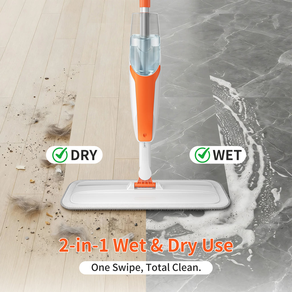 Spray Mop for Multi-Surface Heavy-Duty Cleaning with 4 Washable Microfiber Pads,Refillable Bottle,Functional Scraper,360°Rotating Head,One-Handed Operation,Wet/Dry Use