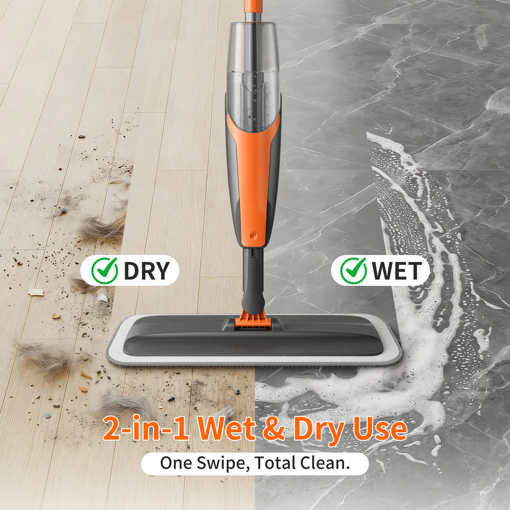 SEFREG Spray Mop for Floor Cleaning with 4pcs Washable Pads, Wet Dry Microfiber Mop, Multifunctional Washing Scraper and 420ml Refillable Water Tank for Most Hard Floors, Aluminum Pole
