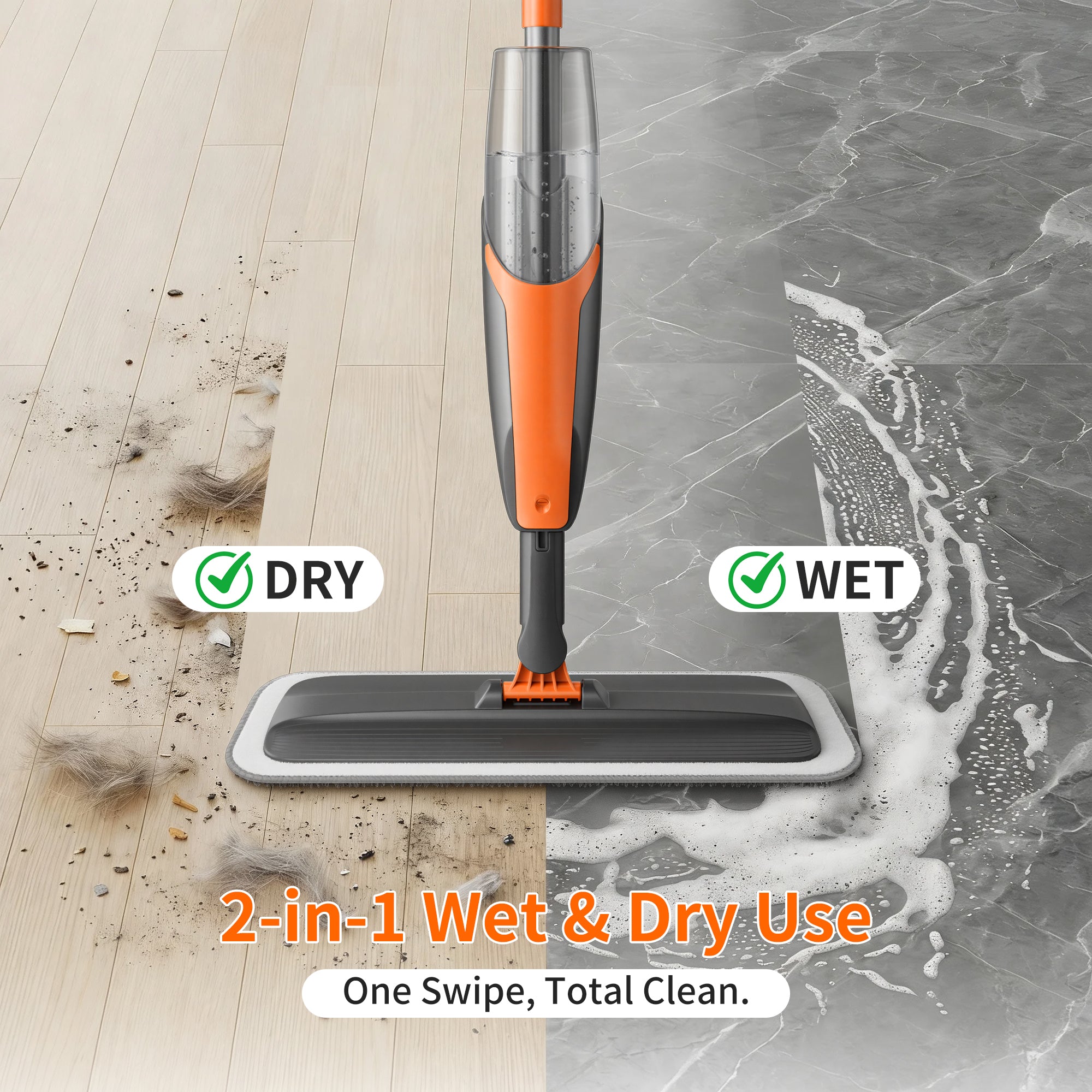 SEFREG Spray Mop for Floor Cleaning with 4pcs Washable Pads, Wet Dry Microfiber Mop, Multifunctional Washing Scraper and 420ml Refillable Water Tank for Most Hard Floors, Aluminum Pole