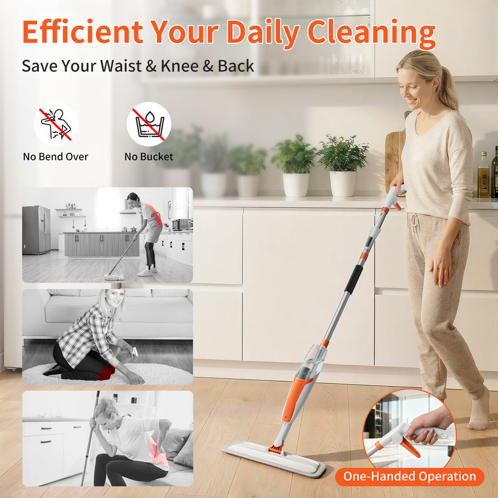 Spray Mop for Multi-Surface Heavy-Duty Cleaning with 4 Washable Microfiber Pads,Refillable Bottle,Functional Scraper,360°Rotating Head,One-Handed Operation,Wet/Dry Use
