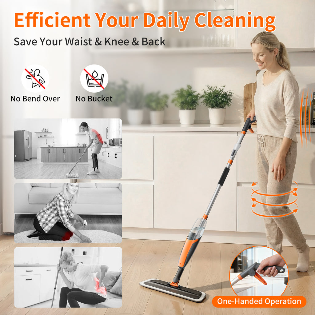 SEFREG Spray Mop for Floor Cleaning with 4pcs Washable Pads, Wet Dry Microfiber Mop, Multifunctional Washing Scraper and 420ml Refillable Water Tank for Most Hard Floors, Aluminum Pole