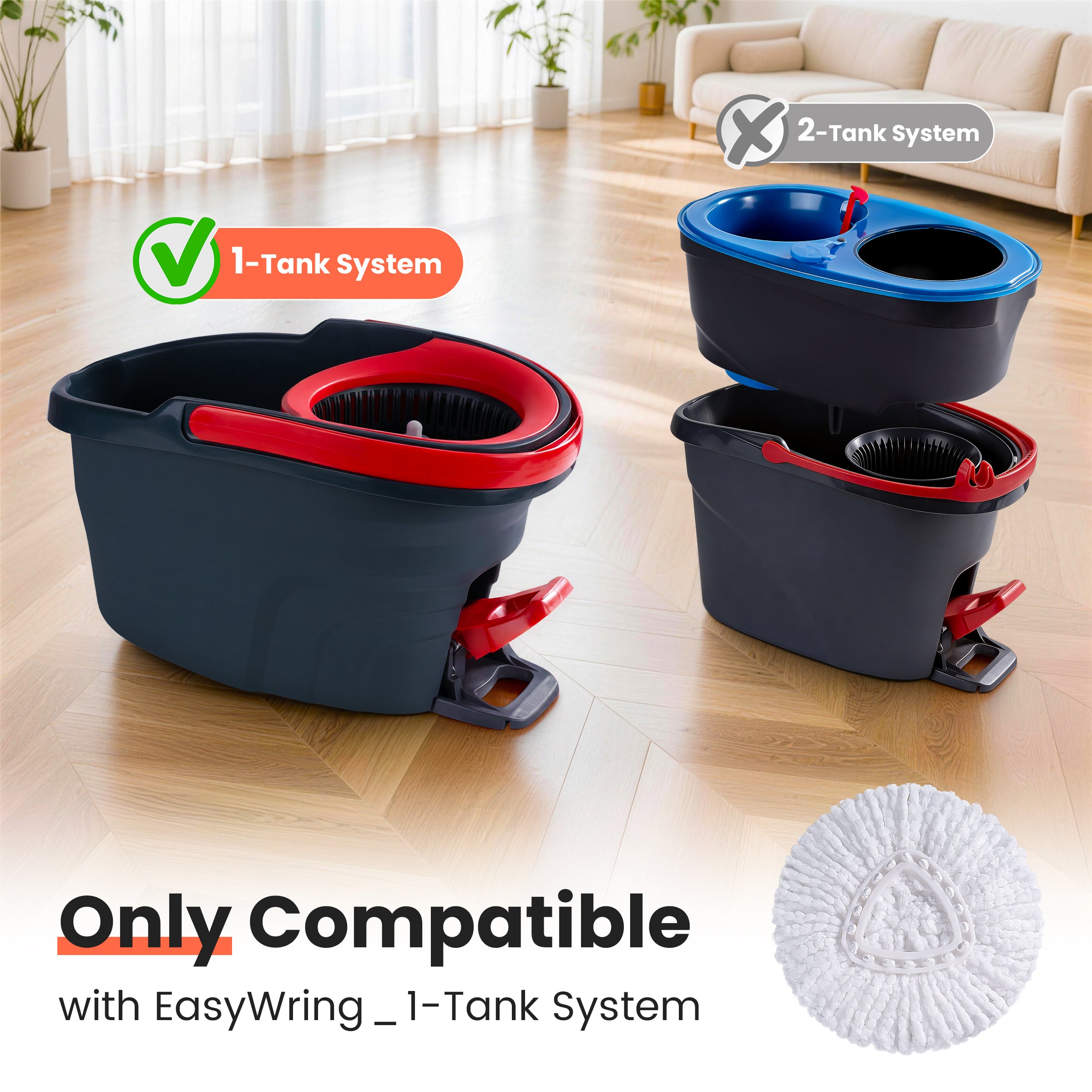 Spin Mop Head Replacements Compatible with O-Cedar EasyWring, Mop Head Refills for 1-Tank System, Washable & Reusable, Deep Cleaning, Easy to Repalce, 1 CT (Pack of 4)