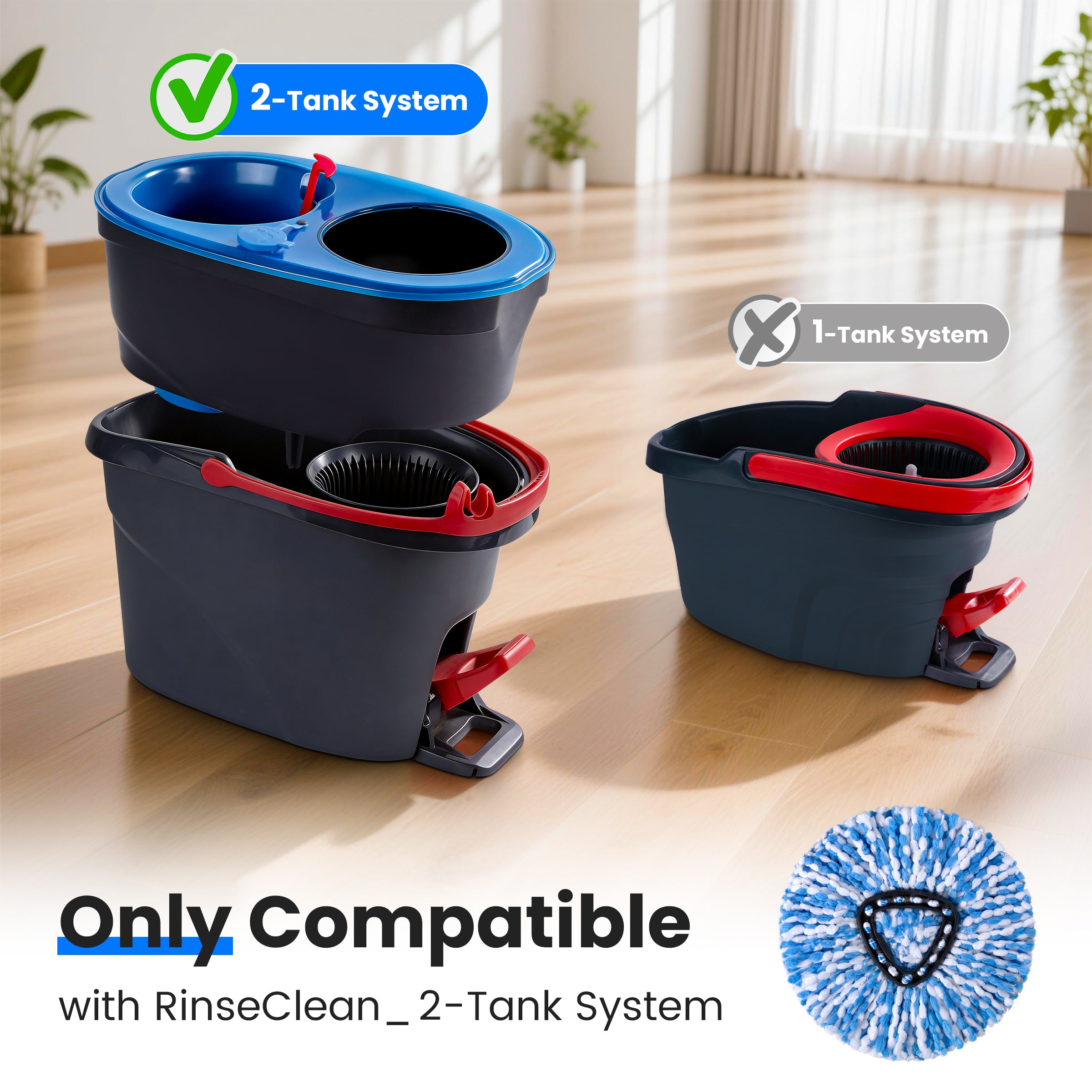 Spin Mop Head Replacements Compatible with O-Cedar RinseClean, Mop Head Refills for 2-Tank System, Washable & Reusable, Deep Cleaning, Easy to Repalce, 1 CT (Pack of 3)