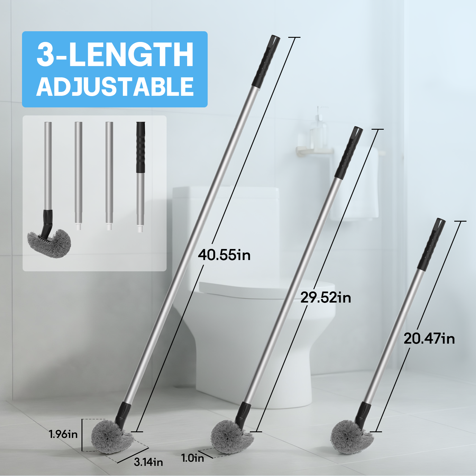 SEFREG Toilet Brush with Curved Head, Long Detachable Handle, PP Bristles, 360° Deep Cleaning Toilet Brush for Bathroom-Gray