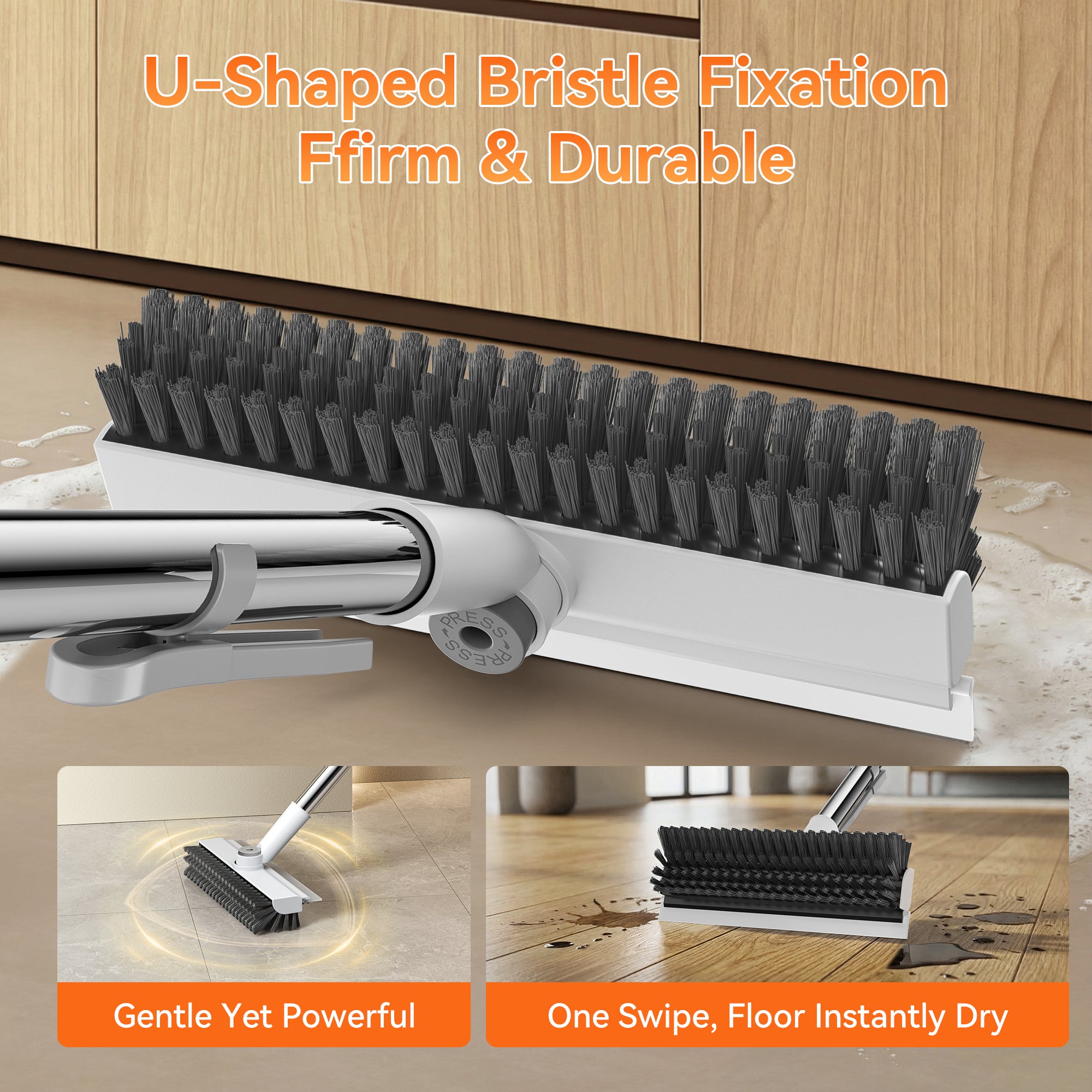 Floor Scrub Brush with Long Handle, Mini 3-in-1 Heavy-Duty Stiff Bristle Scrubber with Squeegee for Shower, Bathroom, Kitchen, Patio, Garage, Wall & Deck Cleaning