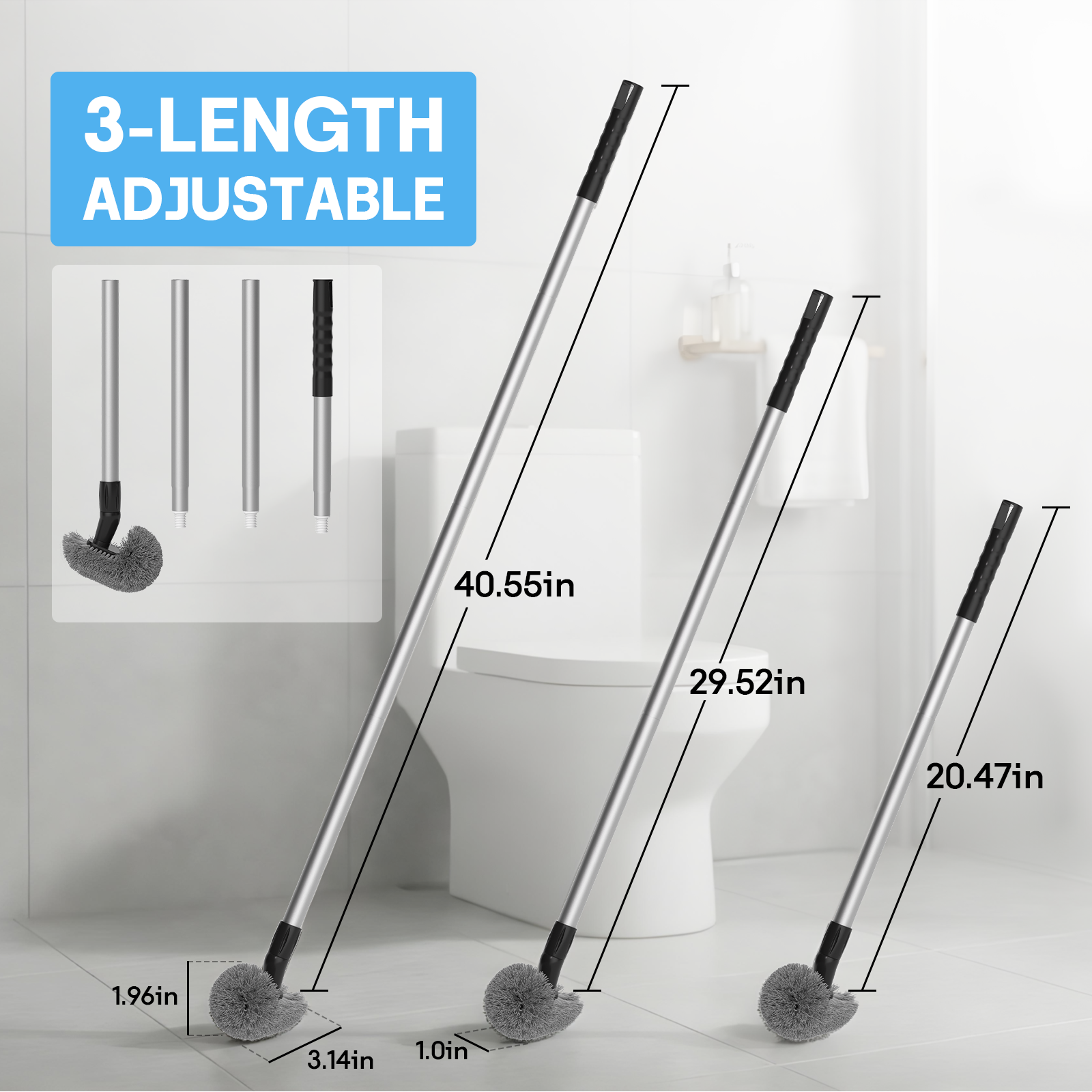SEFREG Toilet Brush with Curved Head, Long Detachable Handle, PP Bristles, 360° Deep Cleaning Toilet Brush for Bathroom-Gray
