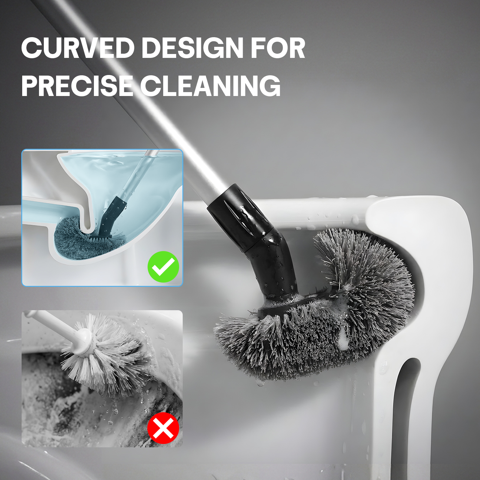 SEFREG Toilet Brush with Curved Head, Long Detachable Handle, PP Bristles, 360° Deep Cleaning Toilet Brush for Bathroom-Gray
