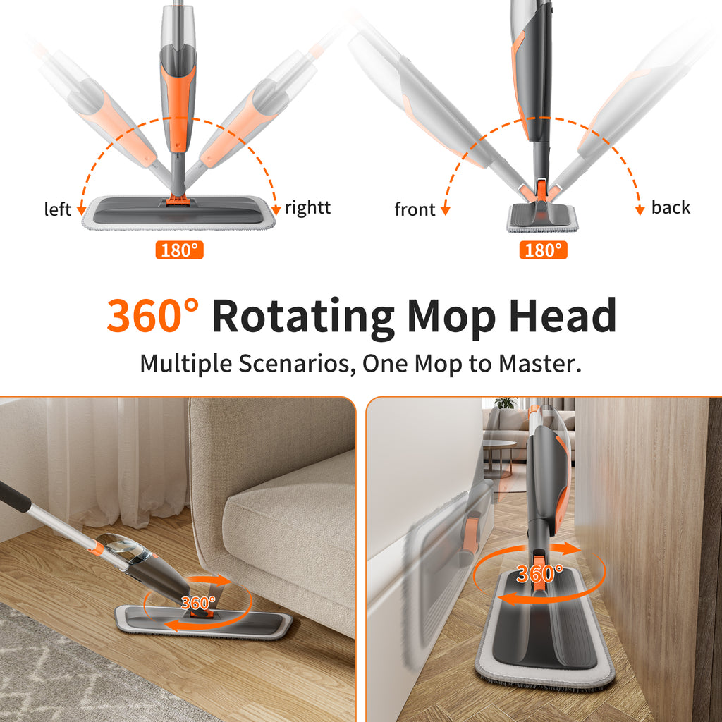 SEFREG Spray Mop for Floor Cleaning with 4pcs Washable Pads, Wet Dry Microfiber Mop, Multifunctional Washing Scraper and 420ml Refillable Water Tank for Most Hard Floors, Aluminum Pole