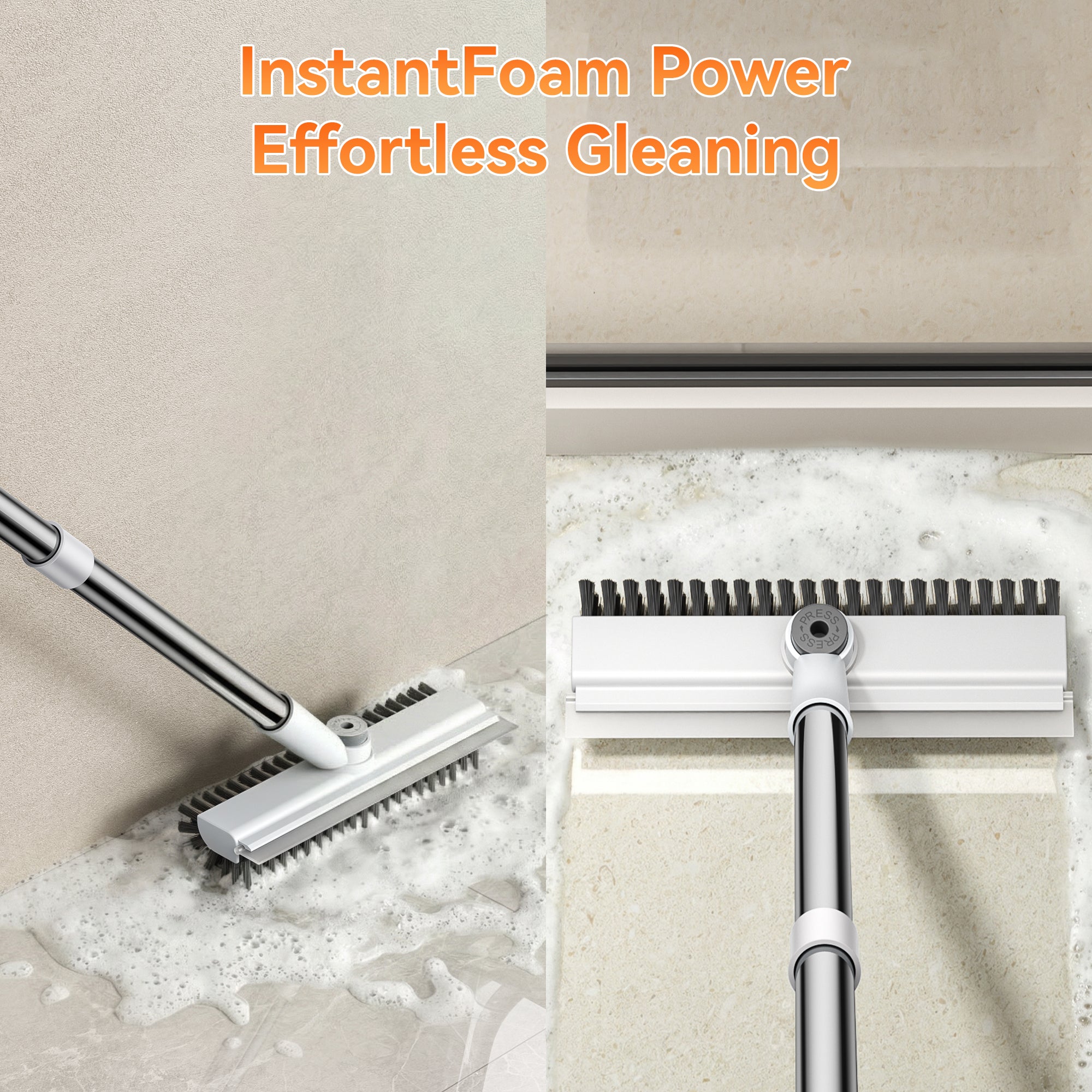 Floor Scrub Brush with Long Handle, Mini 3-in-1 Heavy-Duty Stiff Bristle Scrubber with Squeegee for Shower, Bathroom, Kitchen, Patio, Garage, Wall & Deck Cleaning