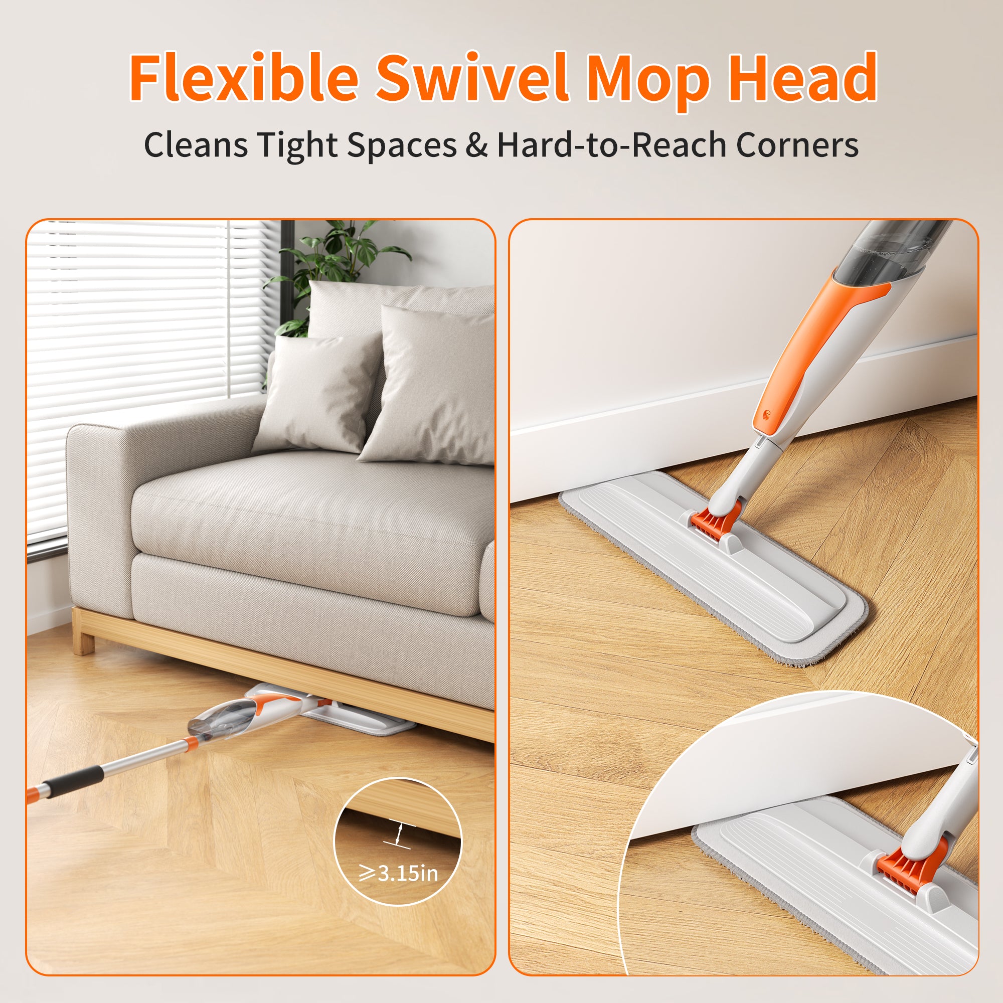 Spray Mop for Multi-Surface Heavy-Duty Cleaning with 4 Washable Microfiber Pads,Refillable Bottle,Functional Scraper,360°Rotating Head,One-Handed Operation,Wet/Dry Use