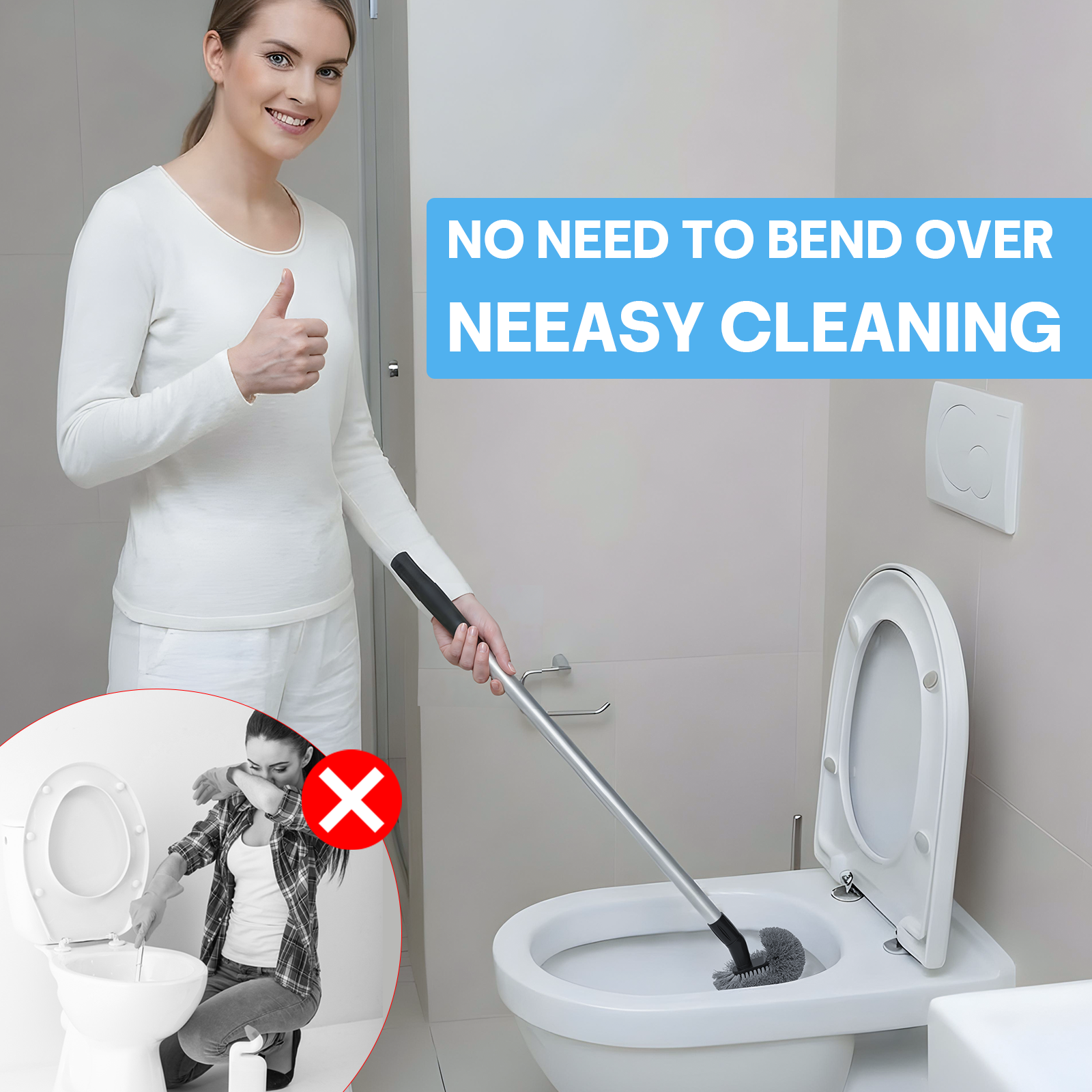 SEFREG Toilet Brush with Curved Head, Long Detachable Handle, PP Bristles, 360° Deep Cleaning Toilet Brush for Bathroom-Gray