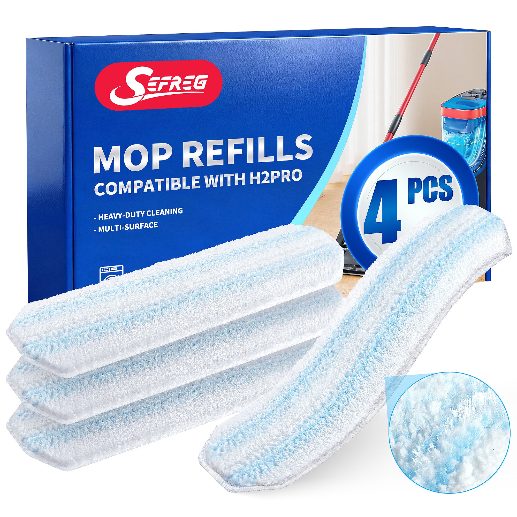 Mop Head Replacements Compatible with O-Cedar H2prO Flat Mop System, Reusable Washable Microfiber Mop Head Refills for Ocedar H2pro Mop, 4 Pads