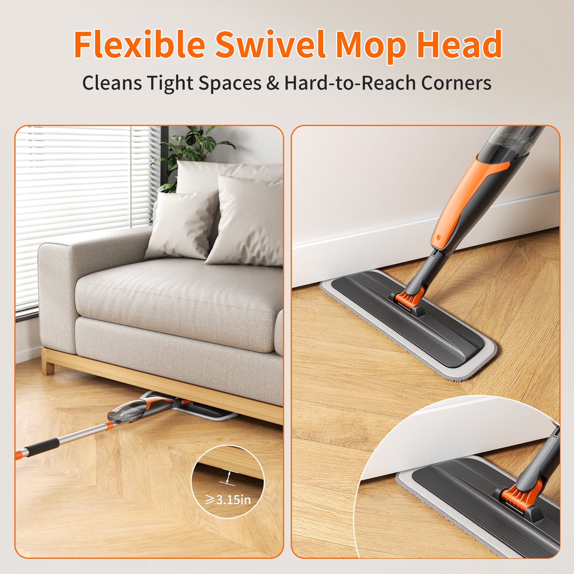 SEFREG Spray Mop for Floor Cleaning with 4pcs Washable Pads, Wet Dry Microfiber Mop, Multifunctional Washing Scraper and 420ml Refillable Water Tank for Most Hard Floors, Aluminum Pole