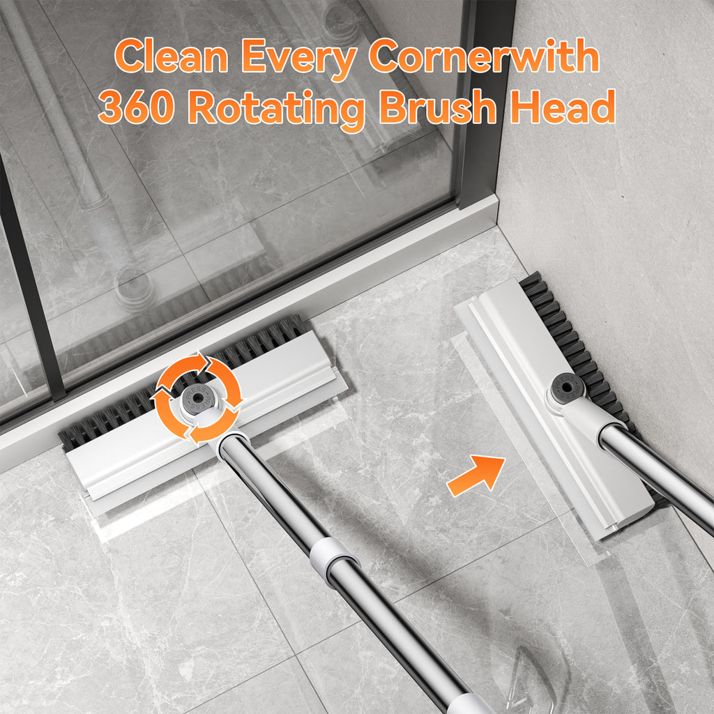 Floor Scrub Brush with Long Handle, Mini 3-in-1 Heavy-Duty Stiff Bristle Scrubber with Squeegee for Shower, Bathroom, Kitchen, Patio, Garage, Wall & Deck Cleaning
