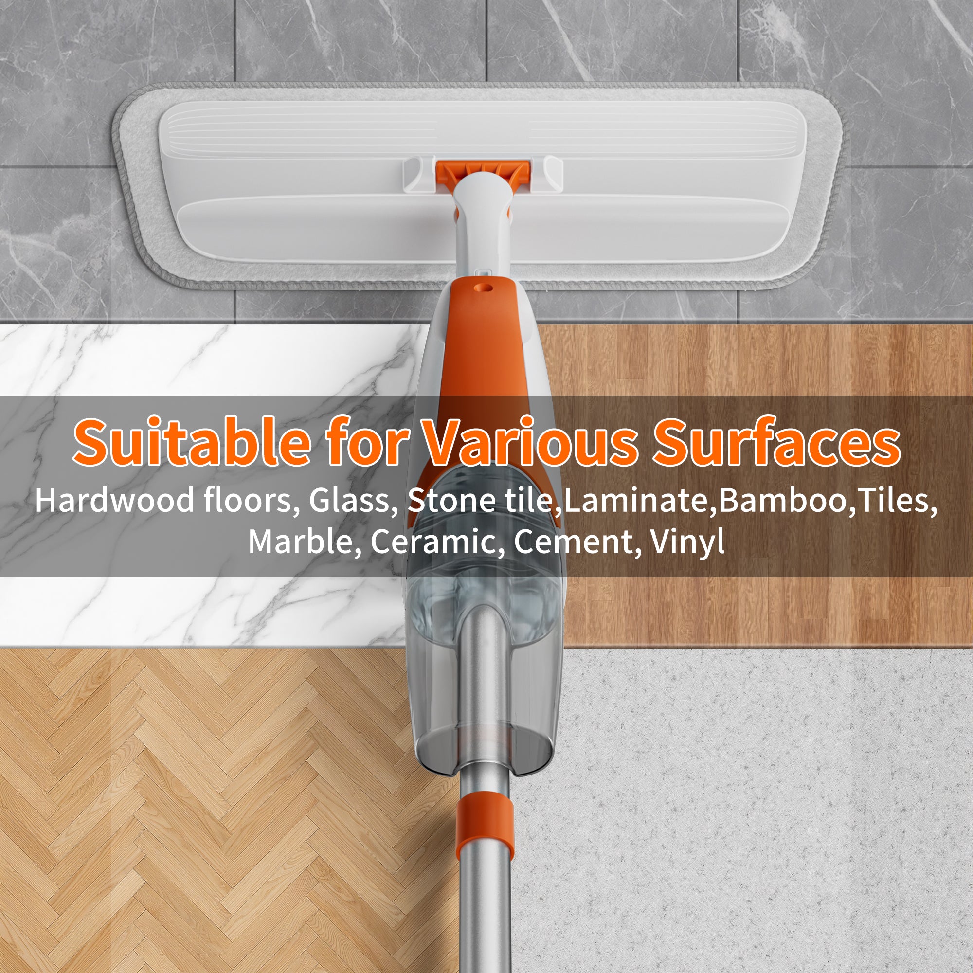 Spray Mop for Multi-Surface Heavy-Duty Cleaning with 4 Washable Microfiber Pads,Refillable Bottle,Functional Scraper,360°Rotating Head,One-Handed Operation,Wet/Dry Use