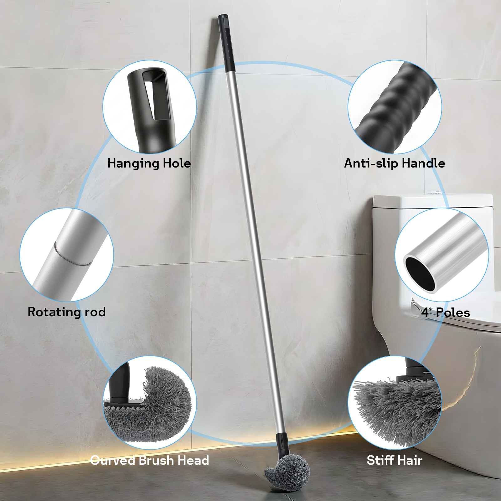 SEFREG Toilet Brush with Curved Head, Long Detachable Handle, PP Bristles, 360° Deep Cleaning Toilet Brush for Bathroom-Gray