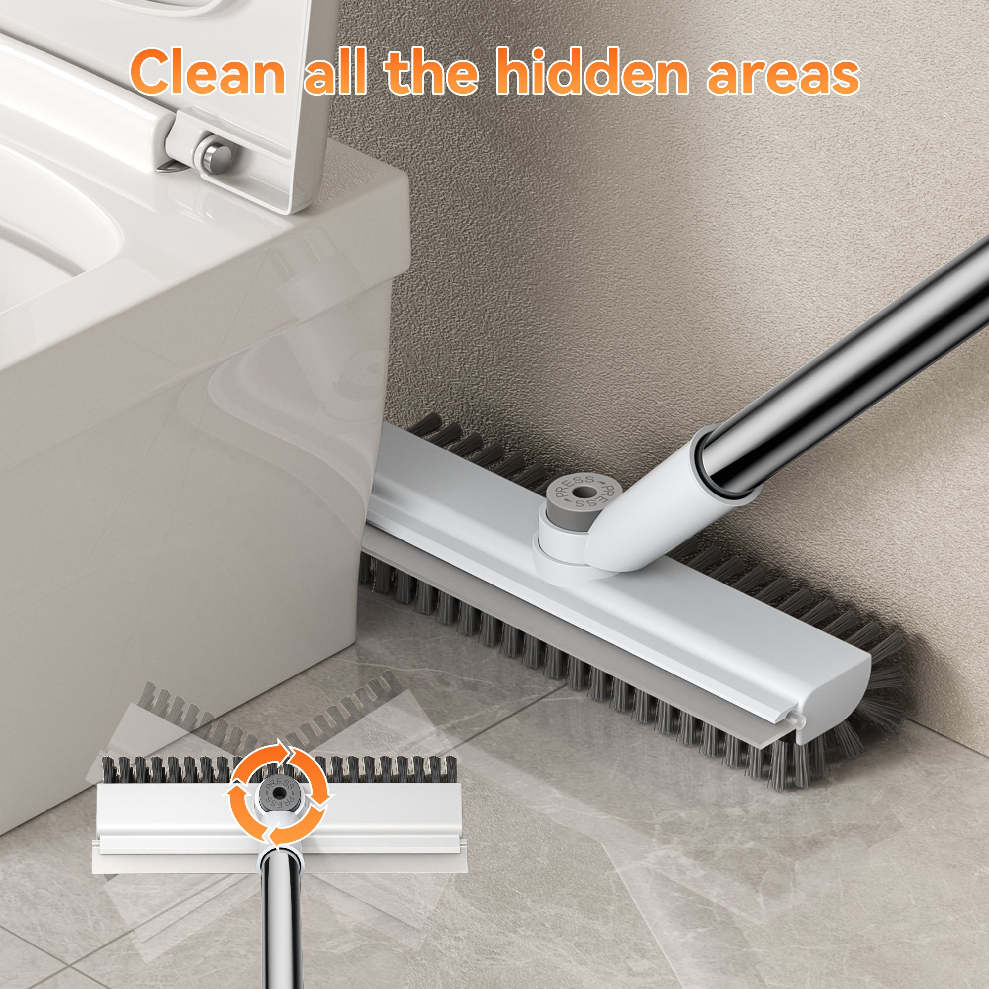 Floor Scrub Brush with Long Handle, Mini 3-in-1 Heavy-Duty Stiff Bristle Scrubber with Squeegee for Shower, Bathroom, Kitchen, Patio, Garage, Wall & Deck Cleaning