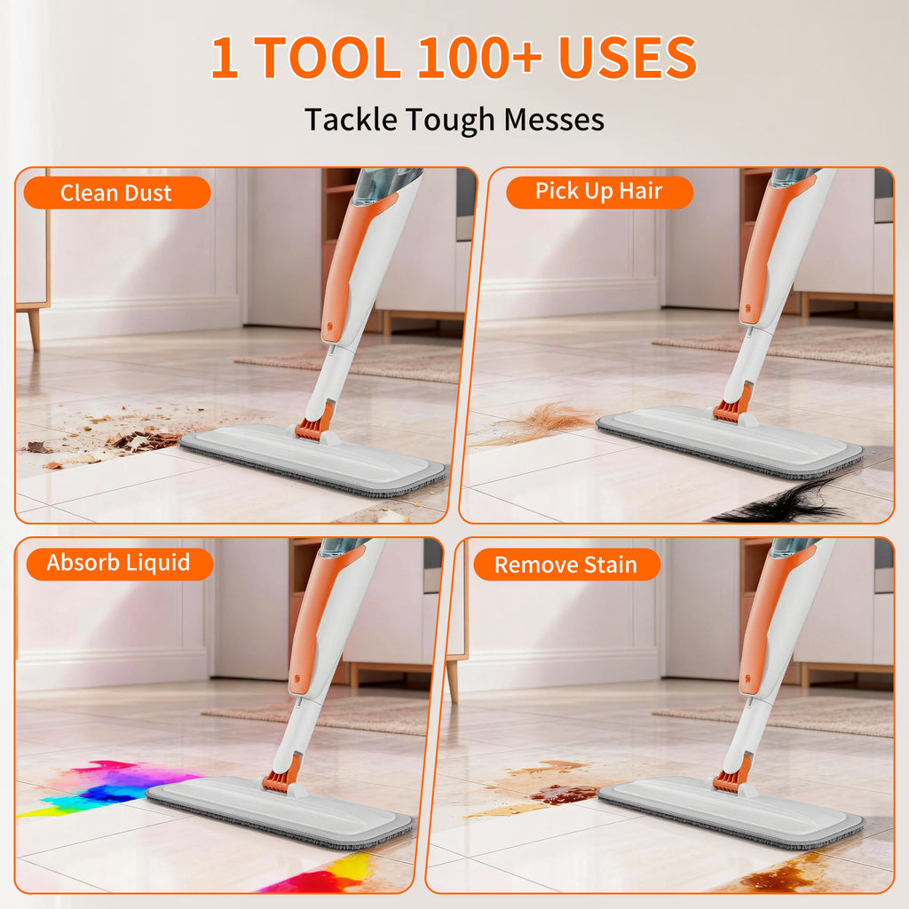 Spray Mop for Multi-Surface Heavy-Duty Cleaning with 4 Washable Microfiber Pads,Refillable Bottle,Functional Scraper,360°Rotating Head,One-Handed Operation,Wet/Dry Use