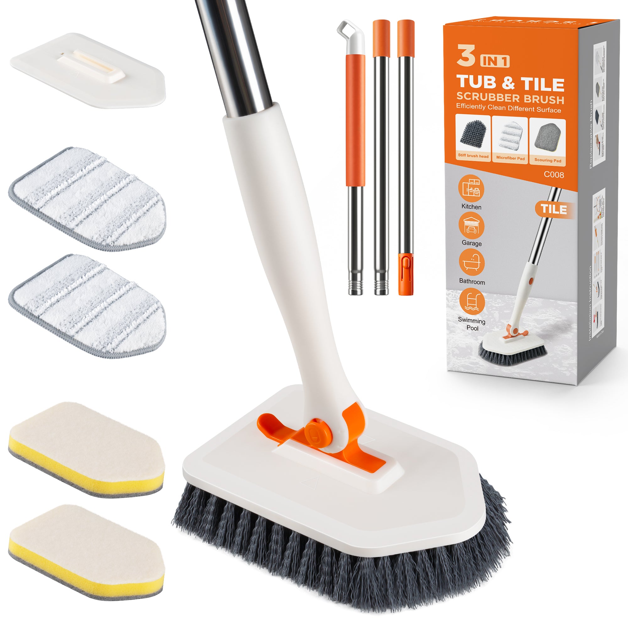 3-in-1 Tub Scrubber Brush, Orange – SEFREG