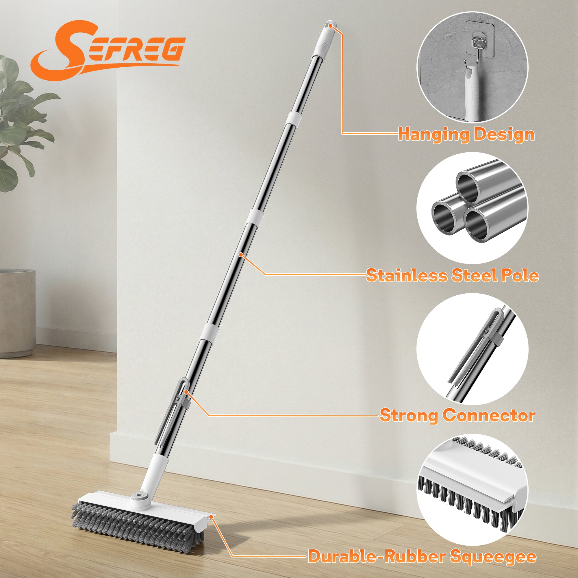 Floor Scrub Brush with Long Handle, Mini 3-in-1 Heavy-Duty Stiff Bristle Scrubber with Squeegee for Shower, Bathroom, Kitchen, Patio, Garage, Wall & Deck Cleaning