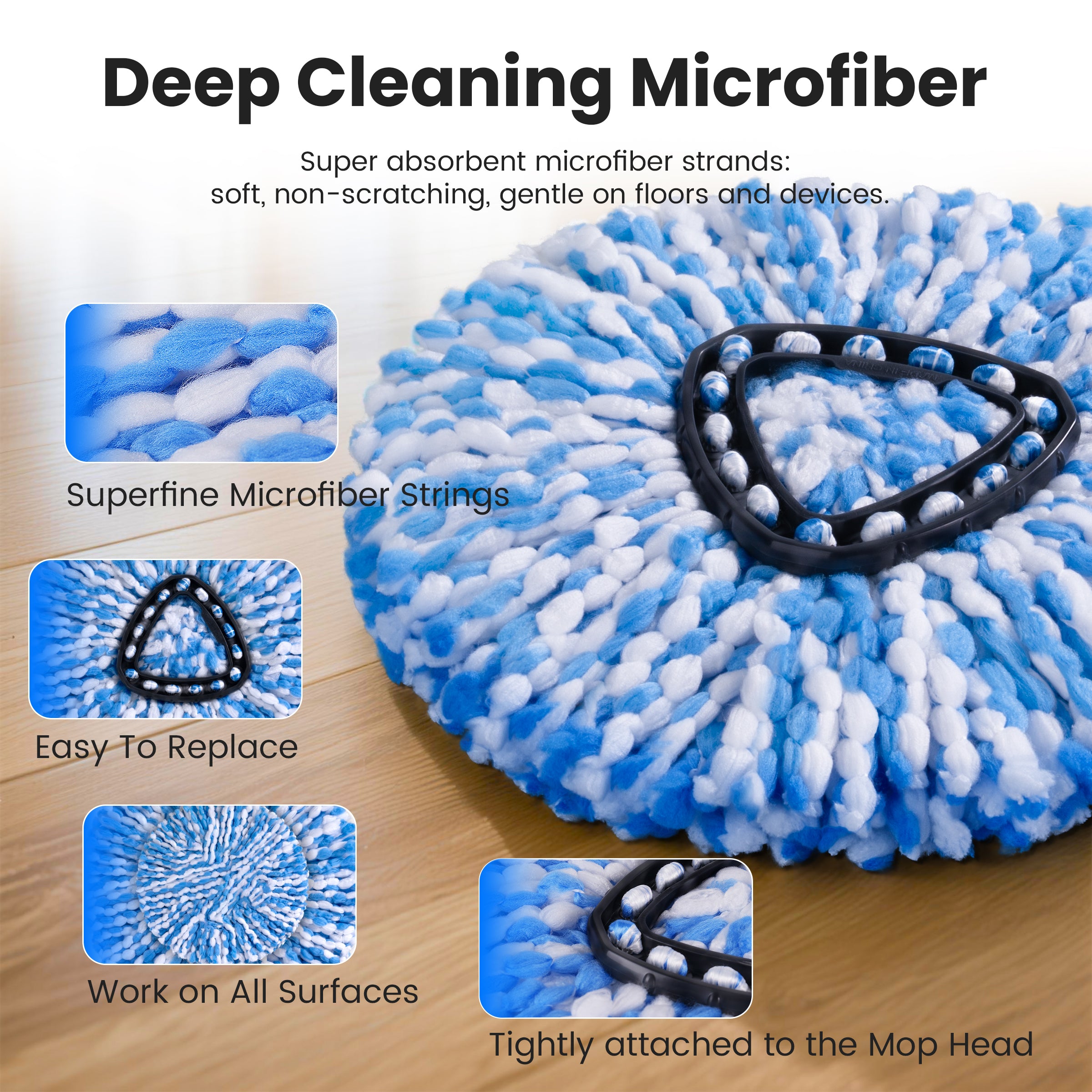 Spin Mop Head Replacements Compatible with O-Cedar RinseClean, Mop Head Refills for 2-Tank System, Washable & Reusable, Deep Cleaning, Easy to Repalce, 1 CT (Pack of 3)
