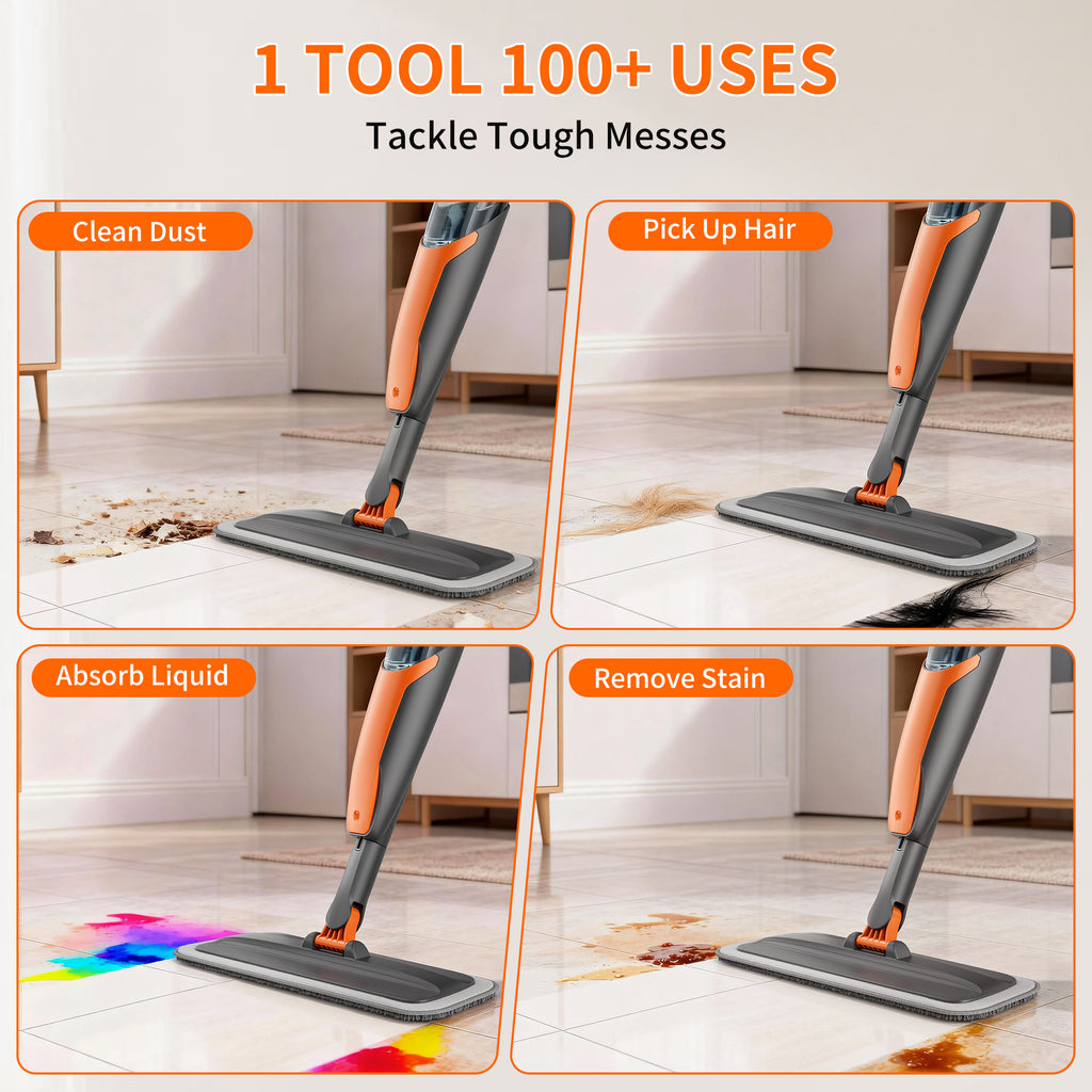 SEFREG Spray Mop for Floor Cleaning with 4pcs Washable Pads, Wet Dry Microfiber Mop, Multifunctional Washing Scraper and 420ml Refillable Water Tank for Most Hard Floors, Aluminum Pole