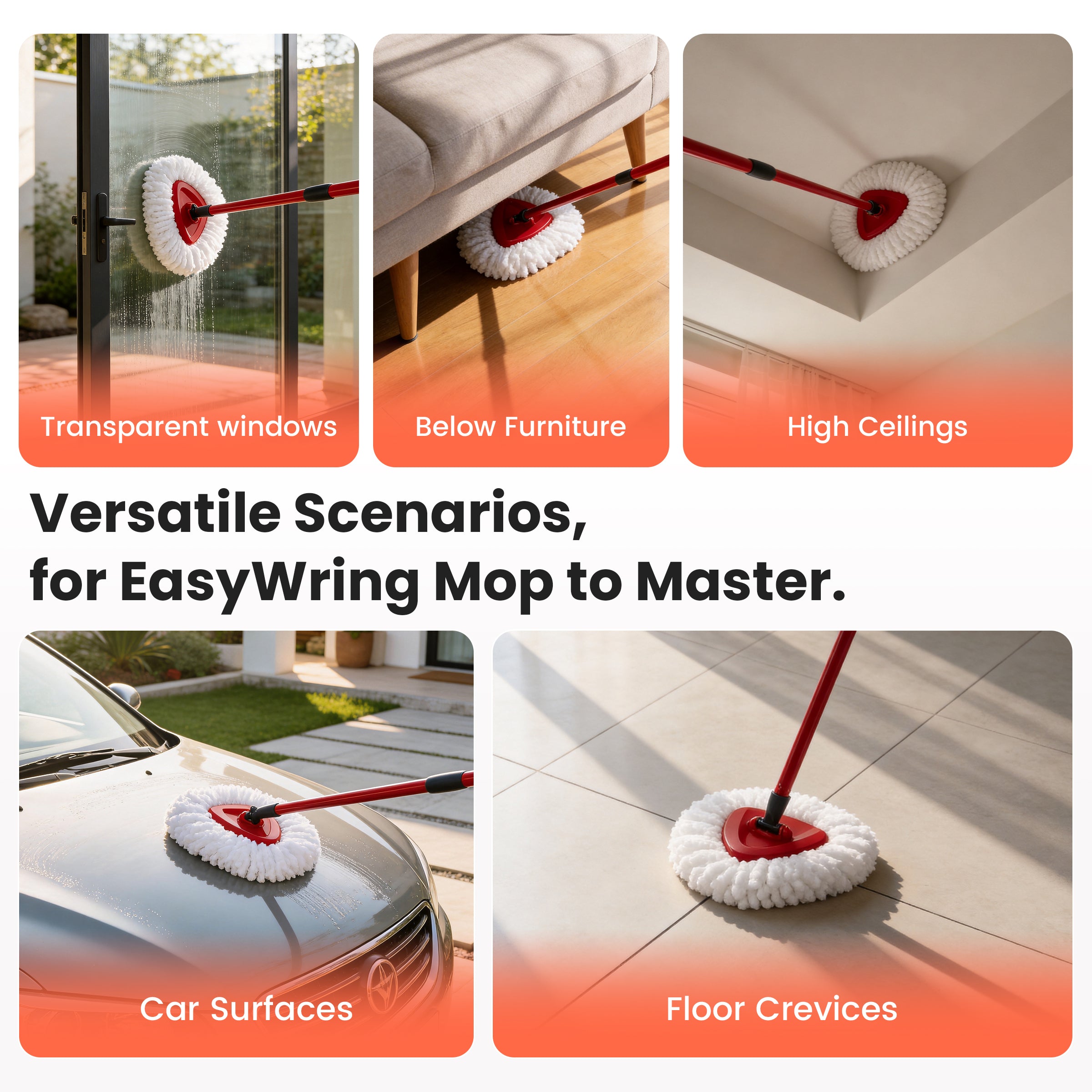 Spin Mop Head Replacements Compatible with O-Cedar EasyWring, Mop Head Refills for 1-Tank System, Washable & Reusable, Deep Cleaning, Easy to Repalce, 1 CT (Pack of 4)