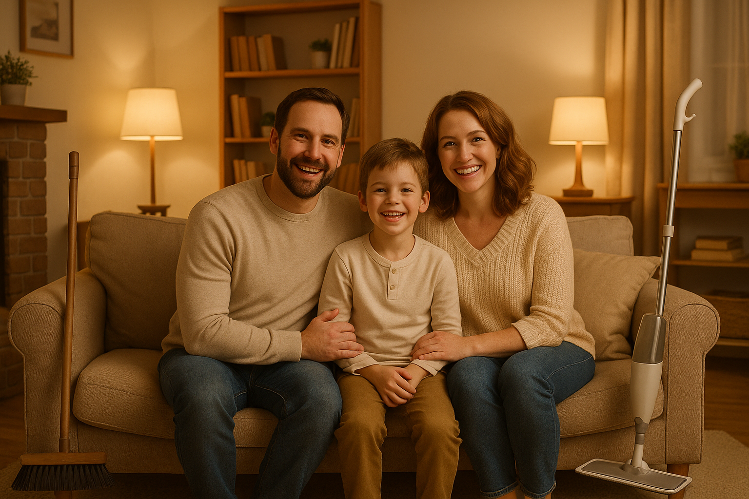 暖白色，客厅，温馨，白人三口之家，笑，旁边有一把地板刷和一把喷雾拖把